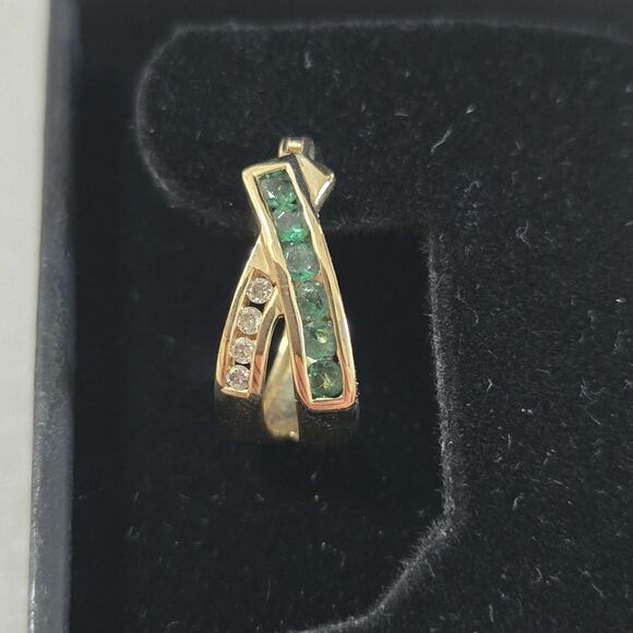 Estate 14K Yellow Gold Emerald Huggie Earrings - Picture 3 of 12